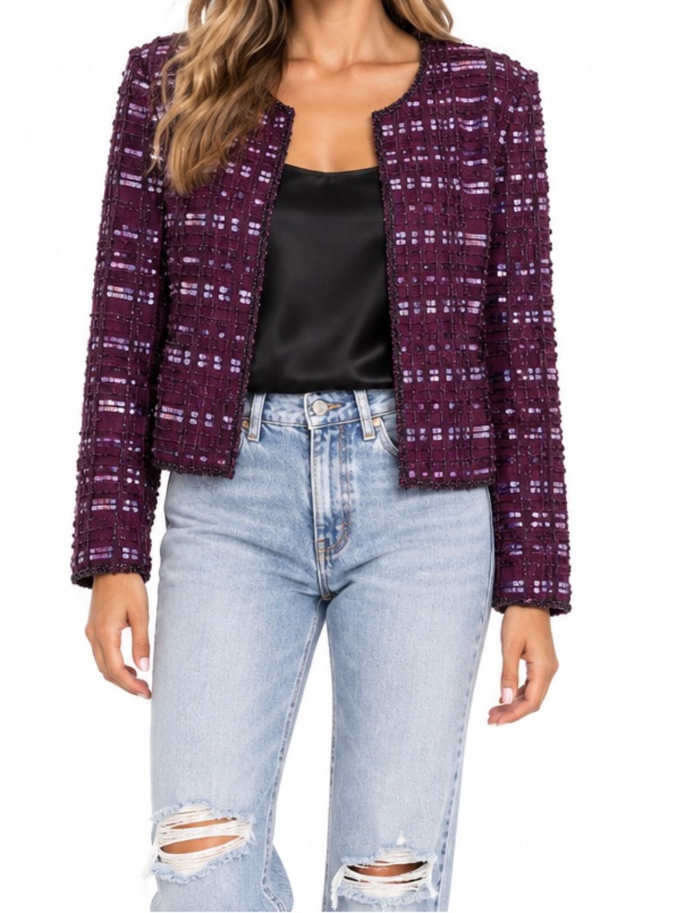 Niteline vintage 100% silk Plum Beaded Sequin evening jacket Blazer S cocktail